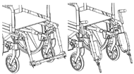 A drawing of a wheelchair with the retraction device mounted onto the footrest hangers is shown.  The left image shows the footrests and anti-tipping posts in the horizontal position (or stowed position), and where the device handles are lowered beside the wheelchair seat.  The right image shows the footrests and anti-tipping posts in the vertical position. This position is where the footrests are raised to their retracted position.